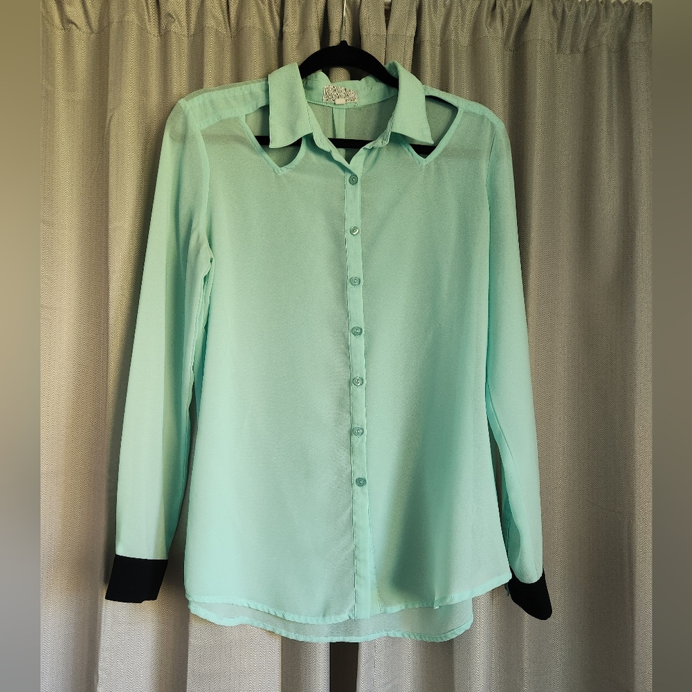 Mint Blouse with Cutouts & Black Cuff Detail